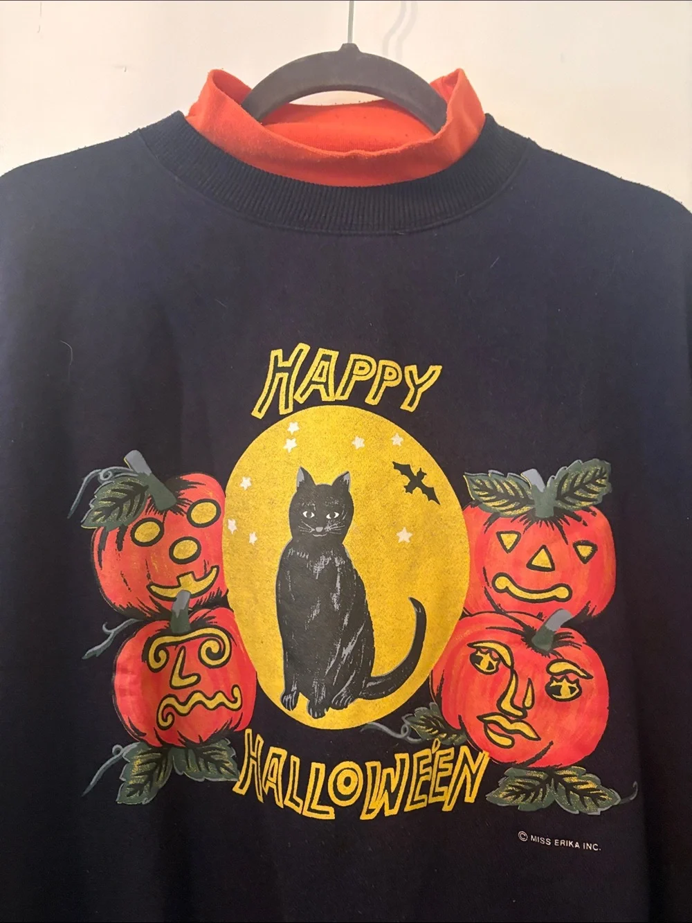 Vintage Miss Erika Happy Halloween Black Cat Sweatshirt with Orange Pumpkins - Picture 5 of 6